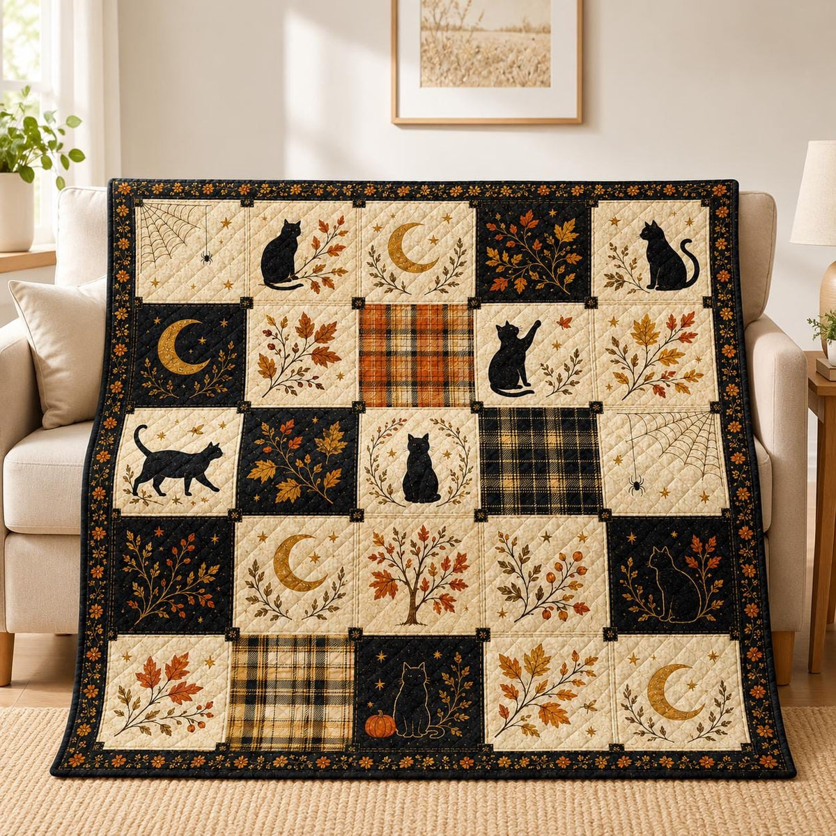 Black Cat Halloween Quilt Blanket, Autumn Patchwork Bed Throw, Crescent Moon Spider Web Bedding, Witchy Gothic Fall Decor, Cat Lover Gift