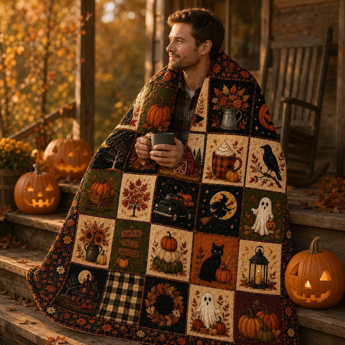 Halloween Patchwork Quilt Set, Pumpkin Ghost Patchwork Throw, Spooky Fall Quilt Blanket, Halloween Bedroom Decor, Fall Farmhouse Decor