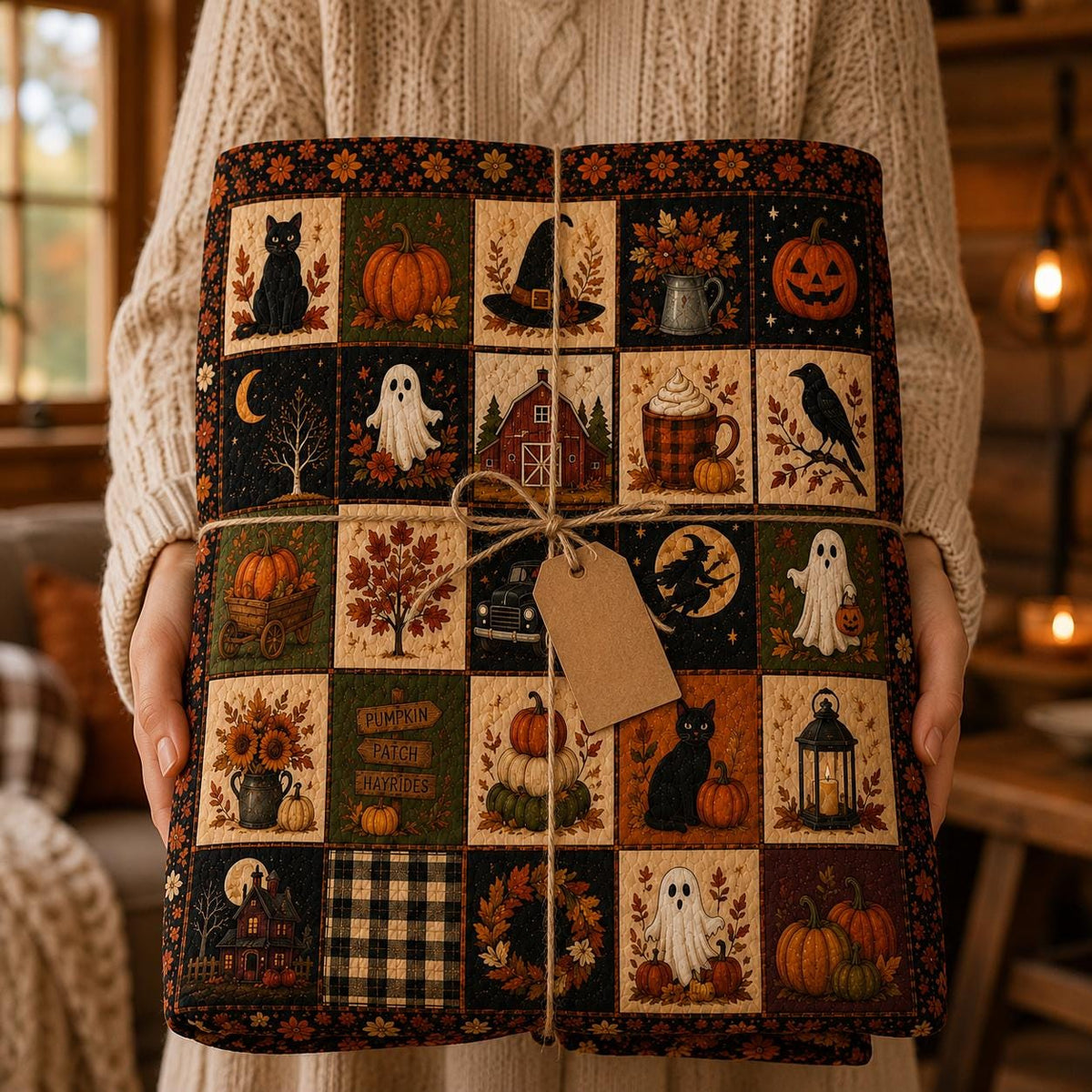 Halloween Patchwork Quilt Set, Pumpkin Ghost Patchwork Throw, Spooky Fall Quilt Blanket, Halloween Bedroom Decor, Fall Farmhouse Decor