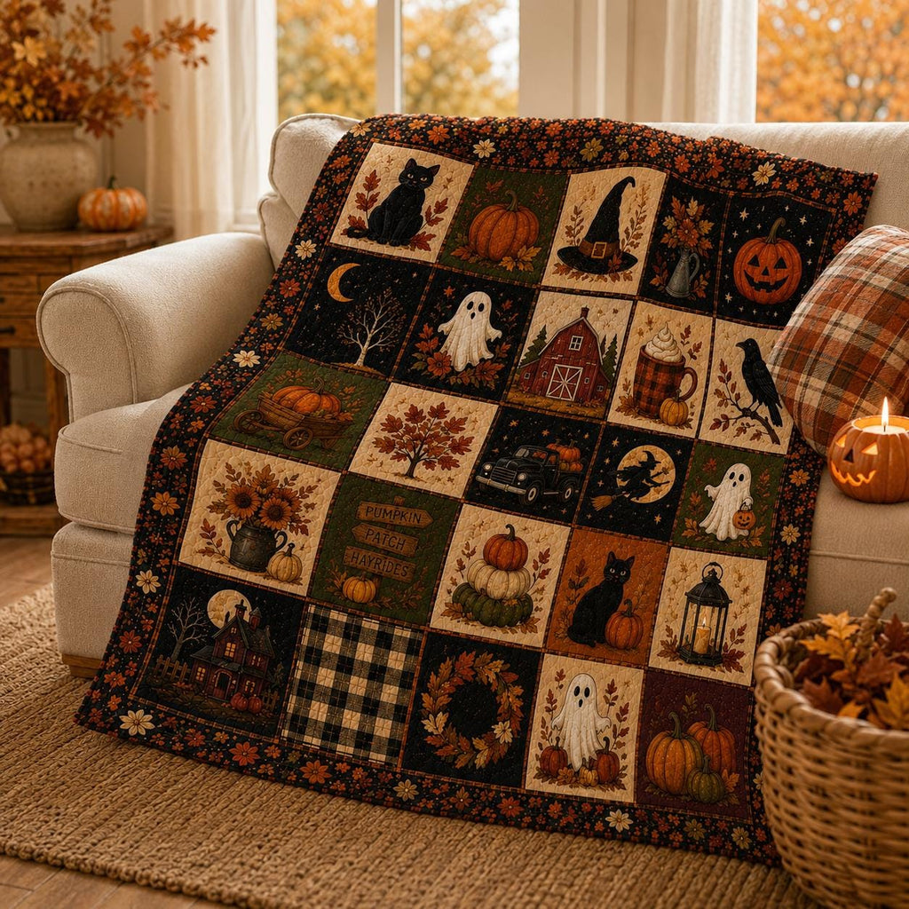 Halloween Patchwork Quilt Set, Pumpkin Ghost Patchwork Throw, Spooky Fall Quilt Blanket, Halloween Bedroom Decor, Fall Farmhouse Decor