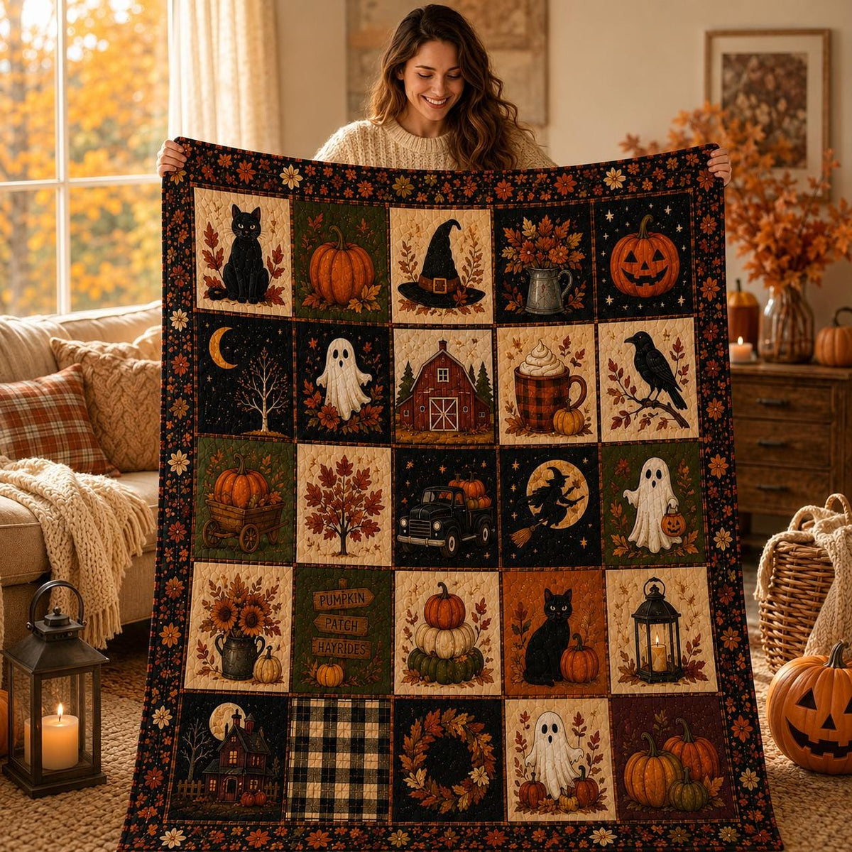 Halloween Patchwork Quilt Set, Pumpkin Ghost Patchwork Throw, Spooky Fall Quilt Blanket, Halloween Bedroom Decor, Fall Farmhouse Decor