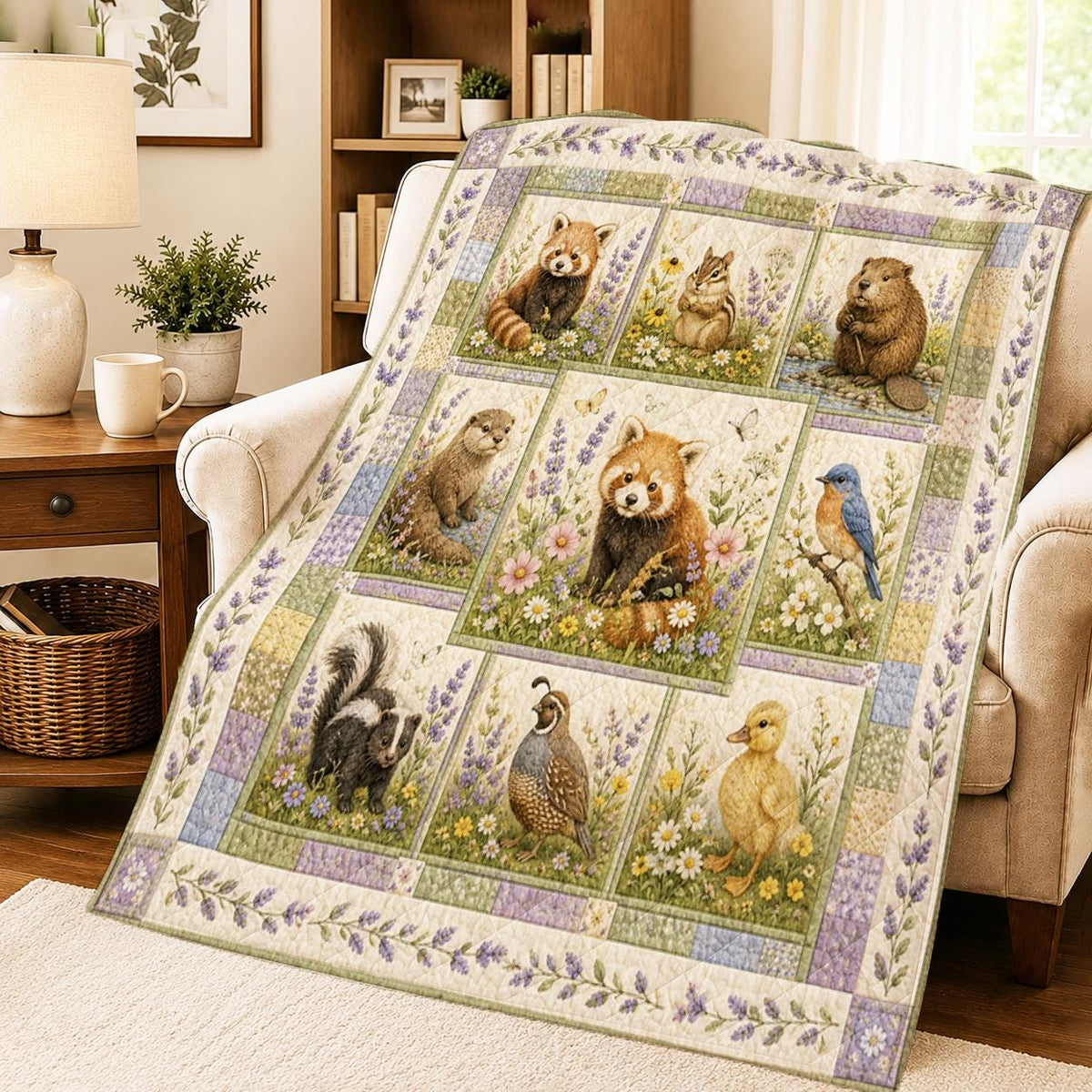 Woodland Animals Quilted Blanket, Red Panda, Beaver, Otter, Bird, Skunk, Wildflower Nursery Quilt