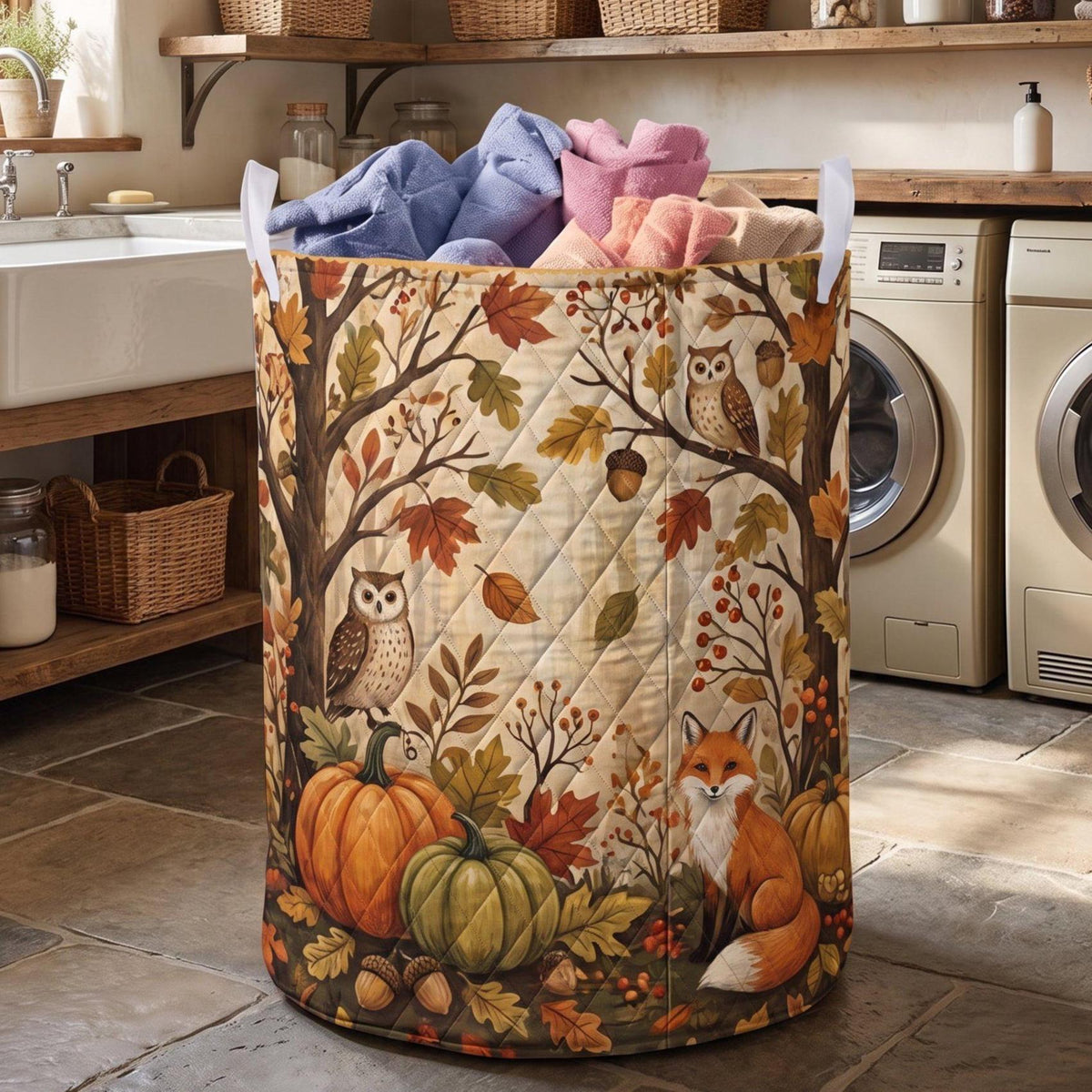 Woodland Fox Laundry Basket, Owl Quilted Storage Bin, Autumn Pumpkin Clothes Hamper with Handles, Fall Nursery Decor, Forest Animal Gift