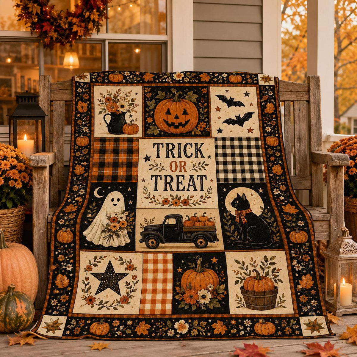 Halloween Fleece Blanket, Quilt Style Patchwork Throw, Cozy Farmhouse Pumpkin Ghost Blanket, Trick or Treat Fall Decor Gift