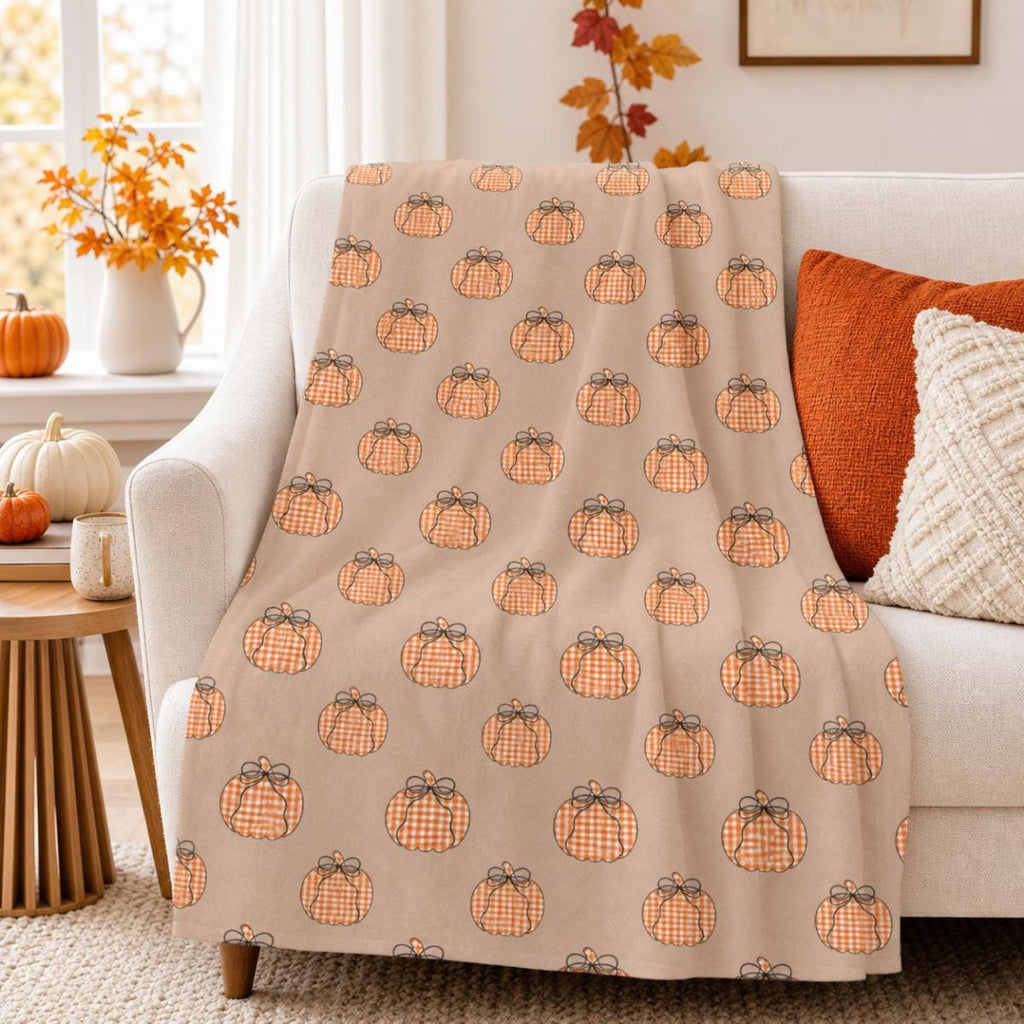 Fall Pumpkin Blanket | Cozy Fall Throw Blanket | Gingham Pumpkin Decor | Autumn Blanket | Fall Gift Blanket