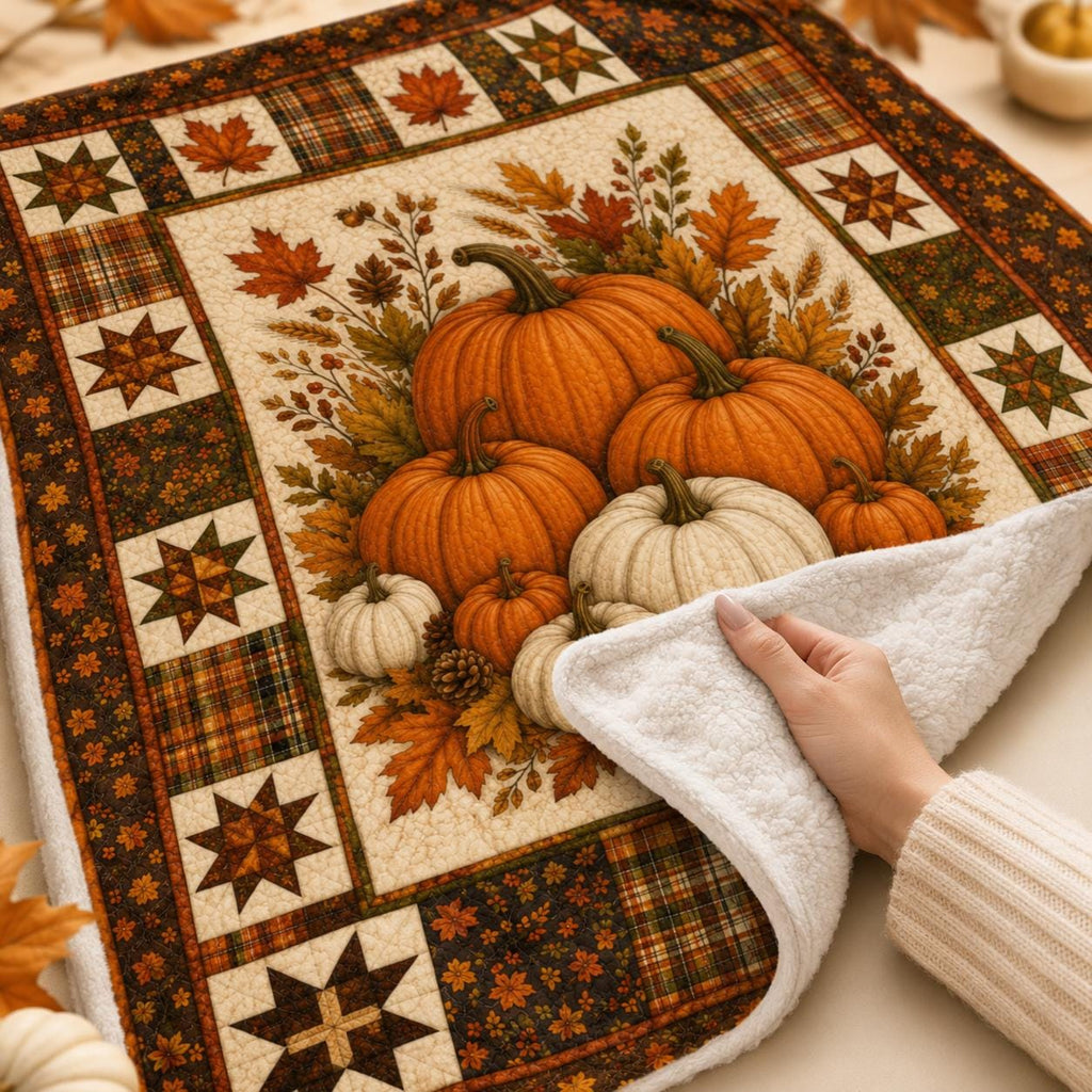 Fall Pumpkin Fleece Blanket, Autumn Harvest Quilt Style Throw, Farmhouse Pumpkin Blanket, Thanksgiving Home Decor Gift