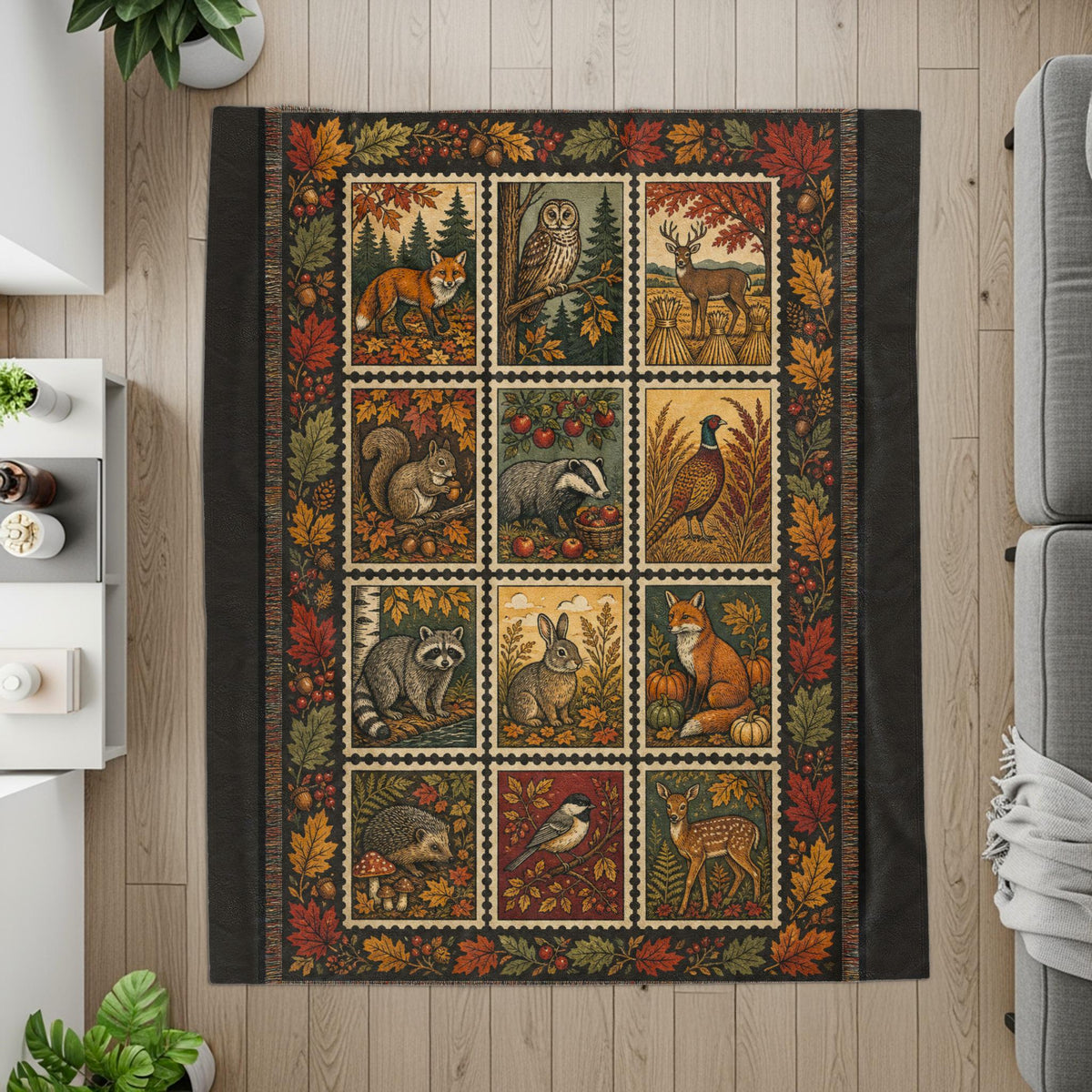 Autumn Woodland Animal Blanket, Fall Forestcore Cottagecore Tapestry Throw, Cozy Rustic Wildlife Nature Lover Decor Gift
