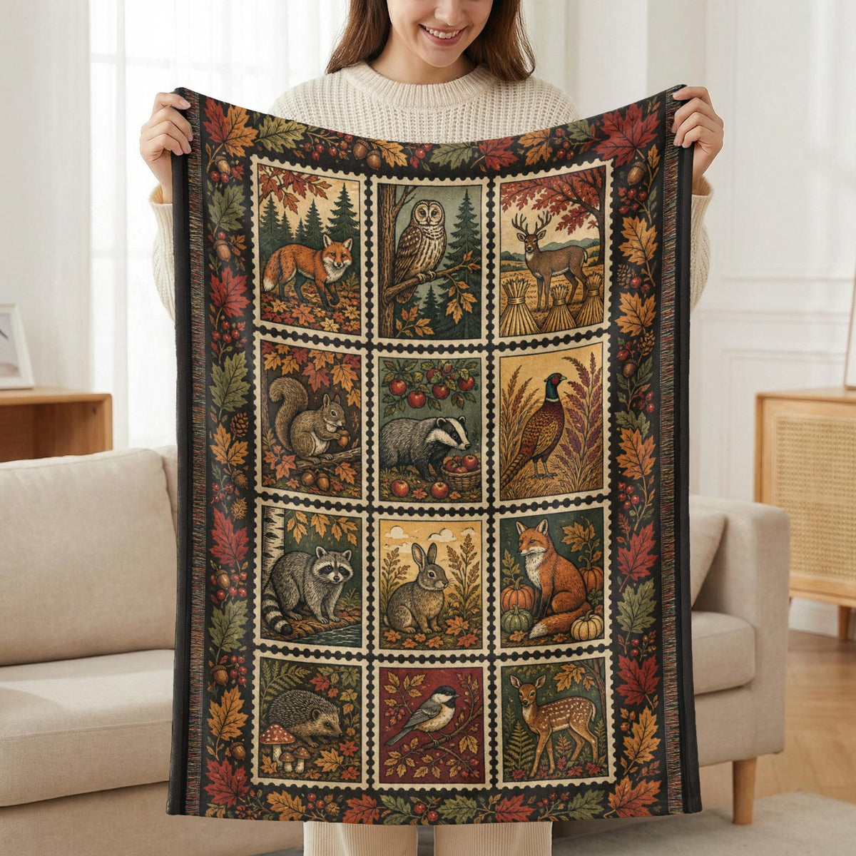 Autumn Woodland Animal Blanket, Fall Forestcore Cottagecore Tapestry Throw, Cozy Rustic Wildlife Nature Lover Decor Gift