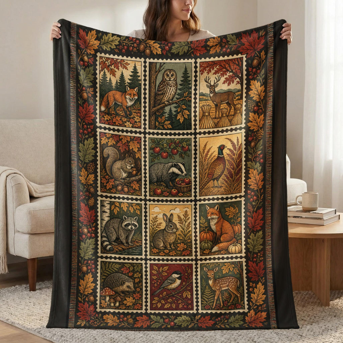 Autumn Woodland Animal Blanket, Fall Forestcore Cottagecore Tapestry Throw, Cozy Rustic Wildlife Nature Lover Decor Gift