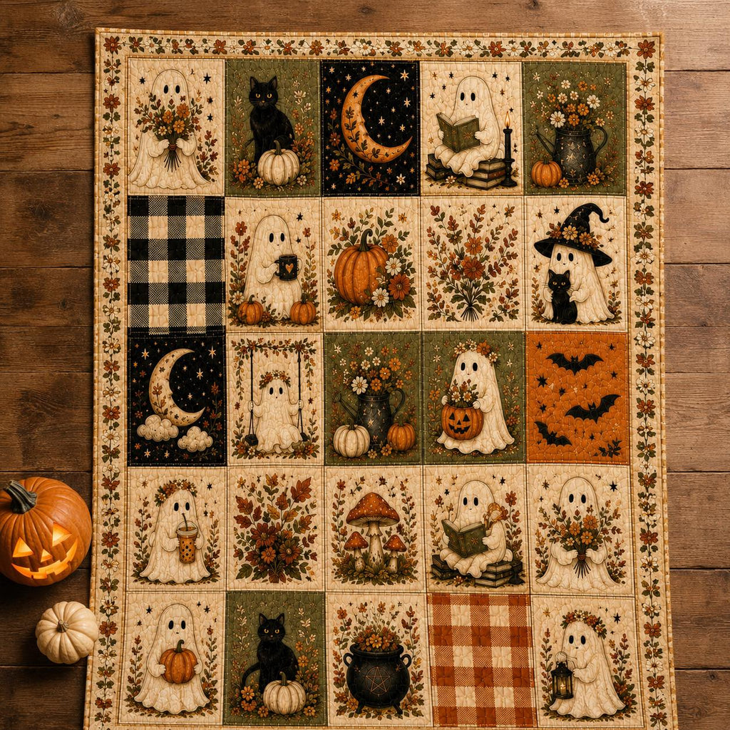 Halloween Quilt Blanket, Ghost Blanket Pumpkin Throw, Cozy Fall Blanket, Spooky Season Decor, Fall Farmhouse Bedding, Halloween Gift