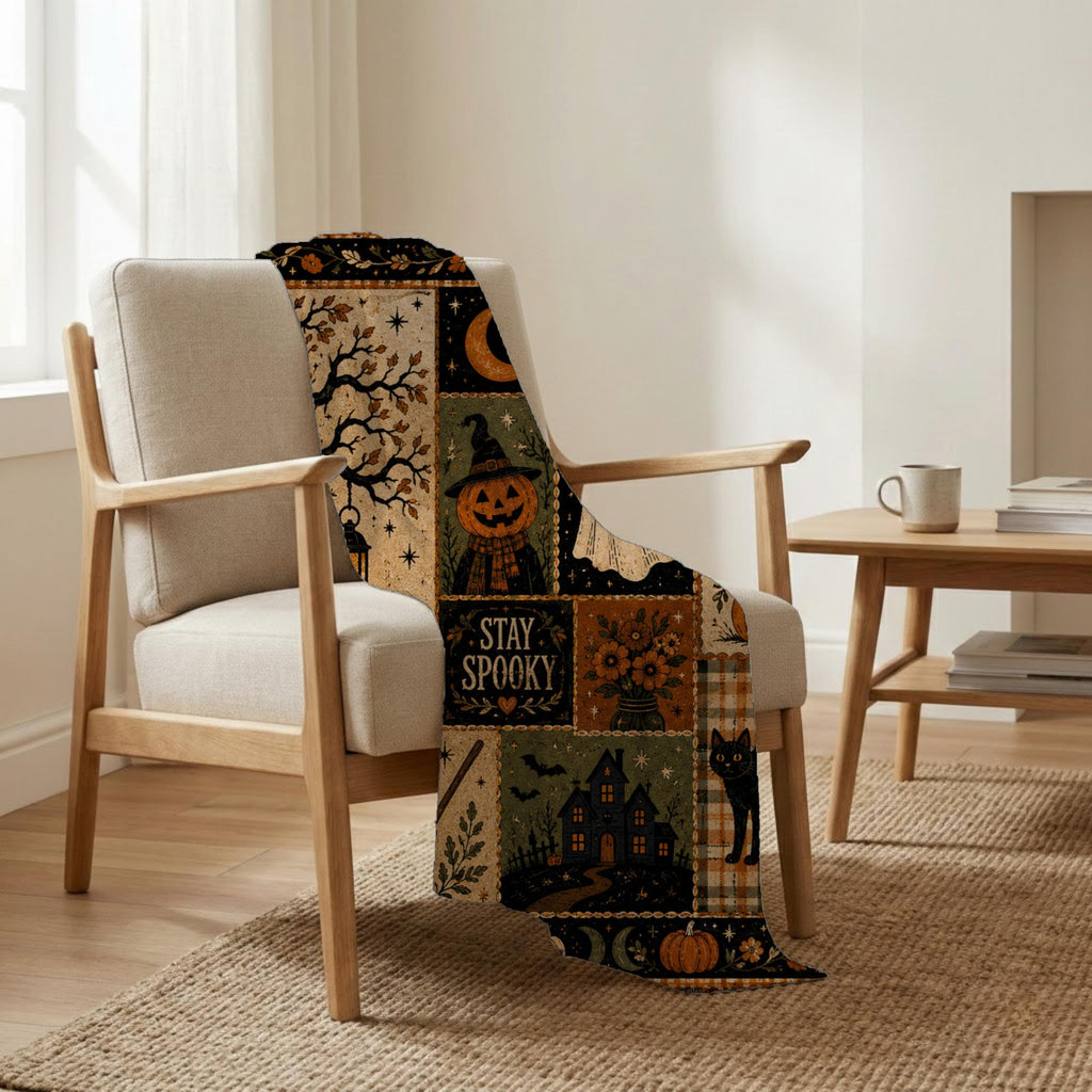Stay Spooky Patchwork Blanket, Vintage Halloween Throw, Cottagecore Fall Room Decor, Witchy Ghost Black Cat Gift Idea