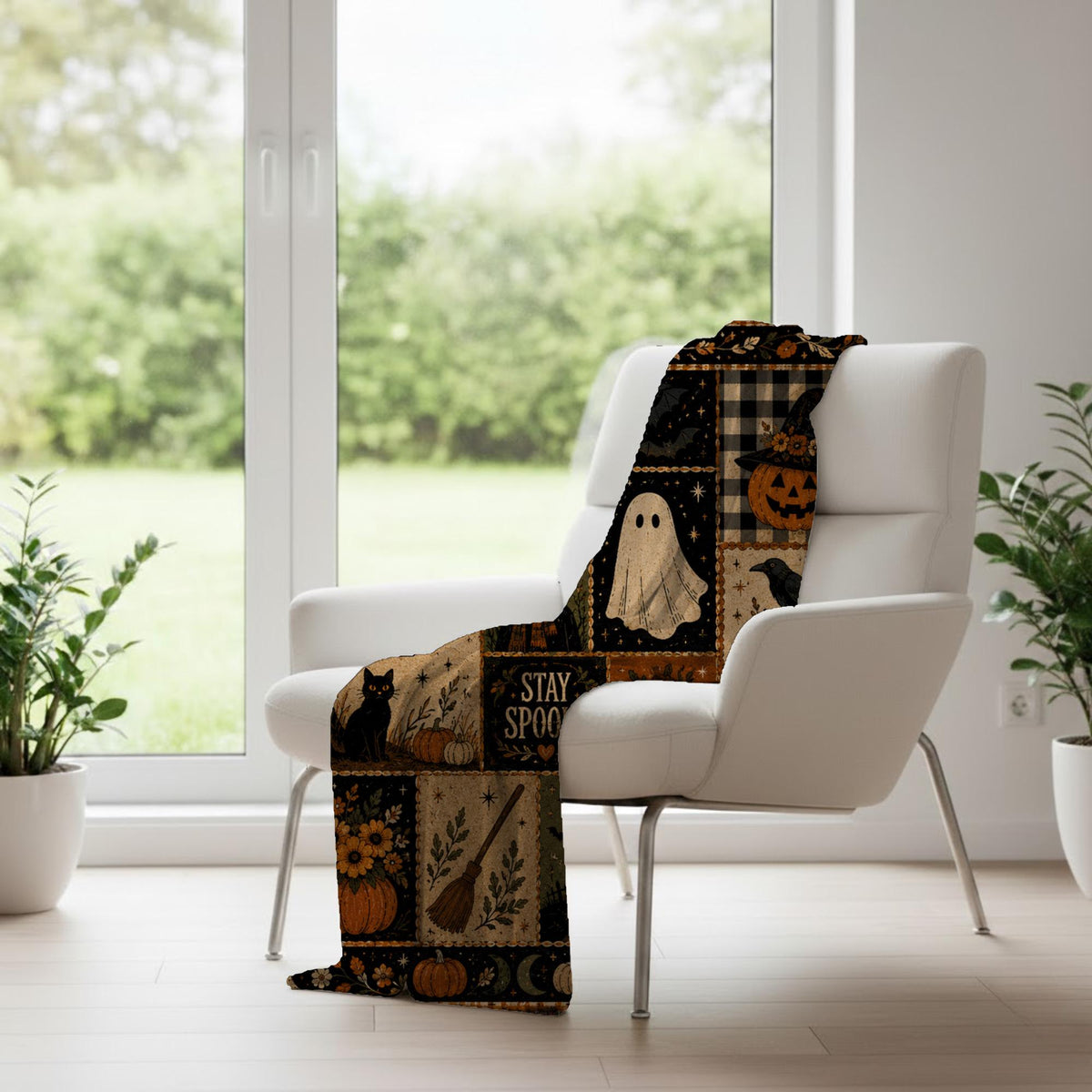 Stay Spooky Patchwork Blanket, Vintage Halloween Throw, Cottagecore Fall Room Decor, Witchy Ghost Black Cat Gift Idea