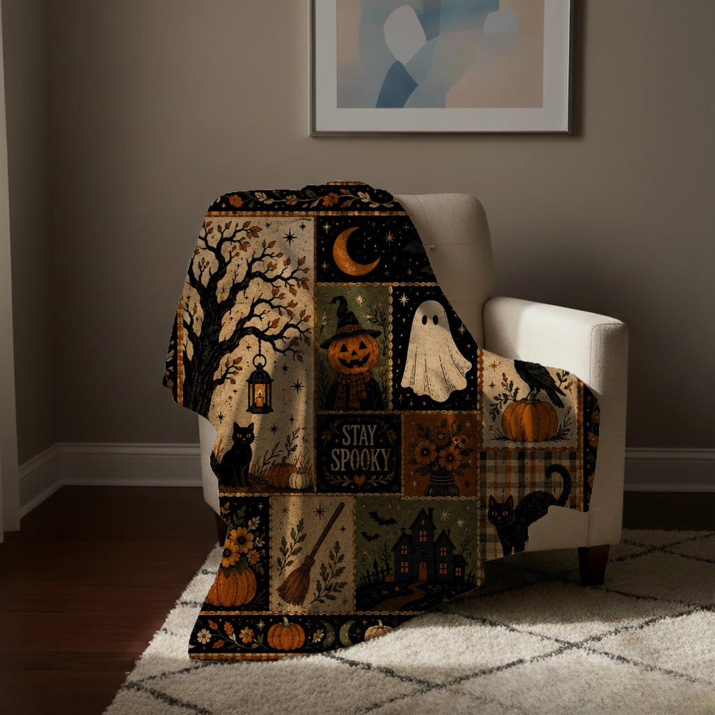 Stay Spooky Patchwork Blanket, Vintage Halloween Throw, Cottagecore Fall Room Decor, Witchy Ghost Black Cat Gift Idea