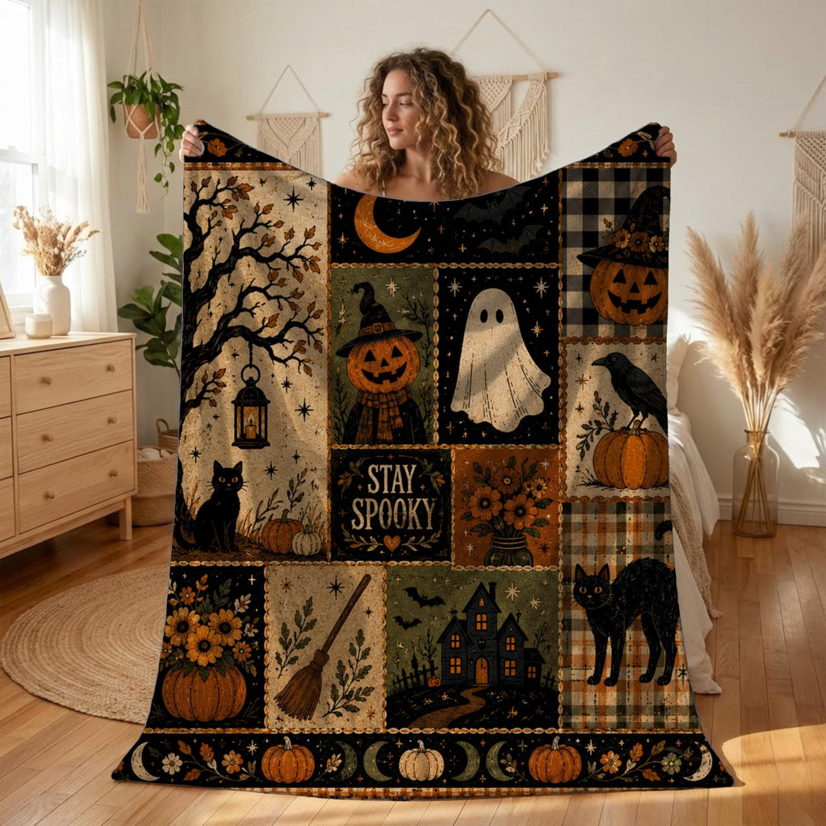 Stay Spooky Patchwork Blanket, Vintage Halloween Throw, Cottagecore Fall Room Decor, Witchy Ghost Black Cat Gift Idea