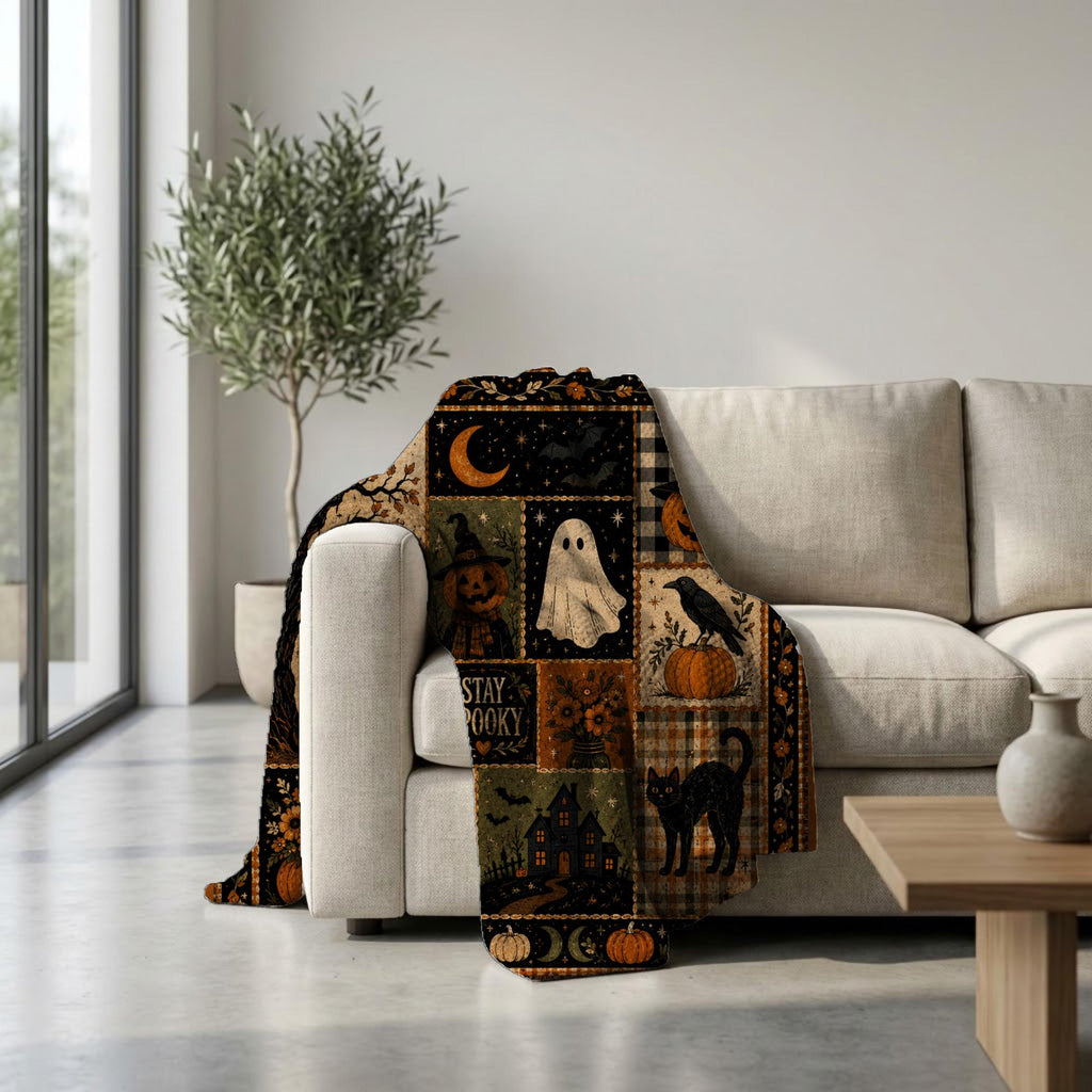 Stay Spooky Patchwork Blanket, Vintage Halloween Throw, Cottagecore Fall Room Decor, Witchy Ghost Black Cat Gift Idea