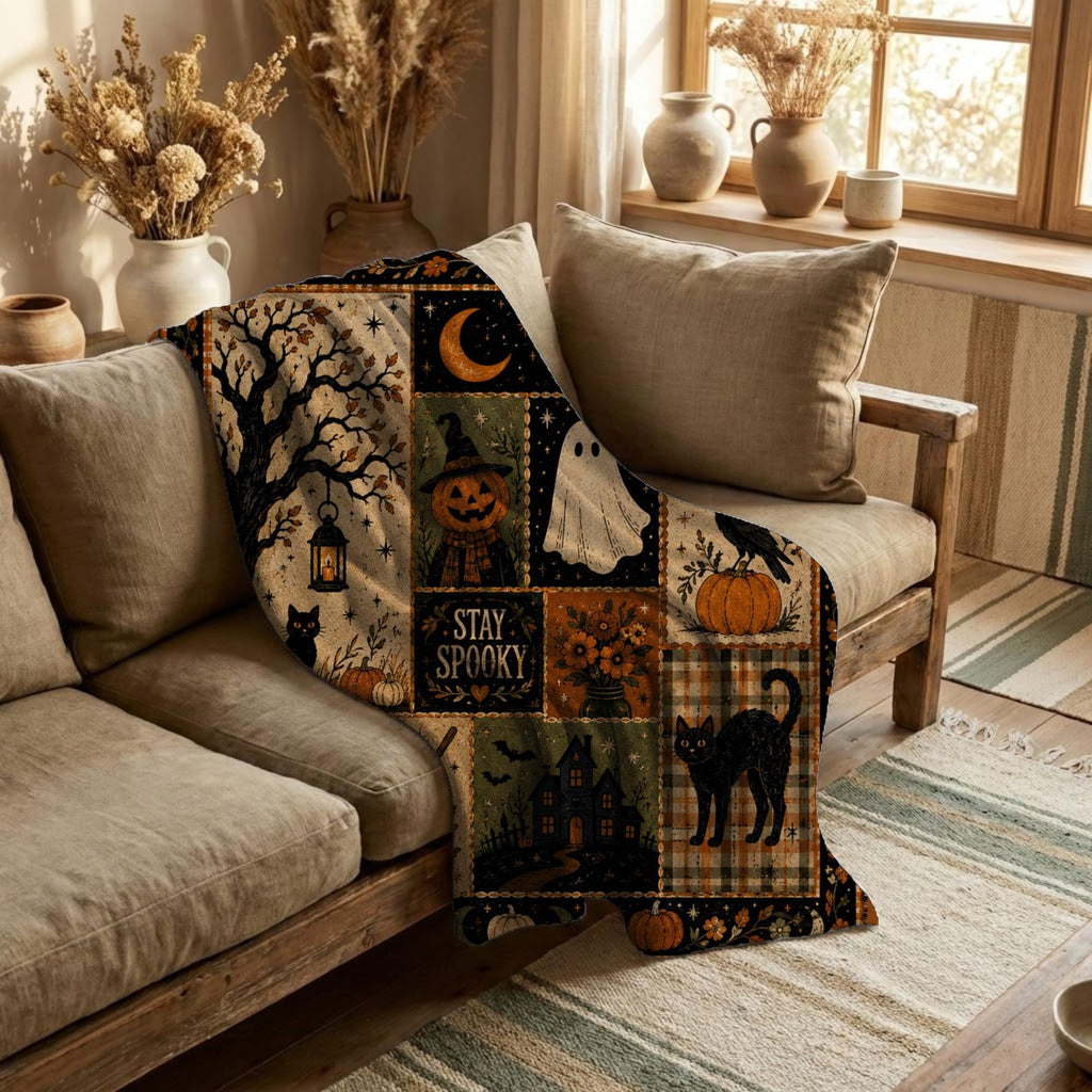 Stay Spooky Patchwork Blanket, Vintage Halloween Throw, Cottagecore Fall Room Decor, Witchy Ghost Black Cat Gift Idea