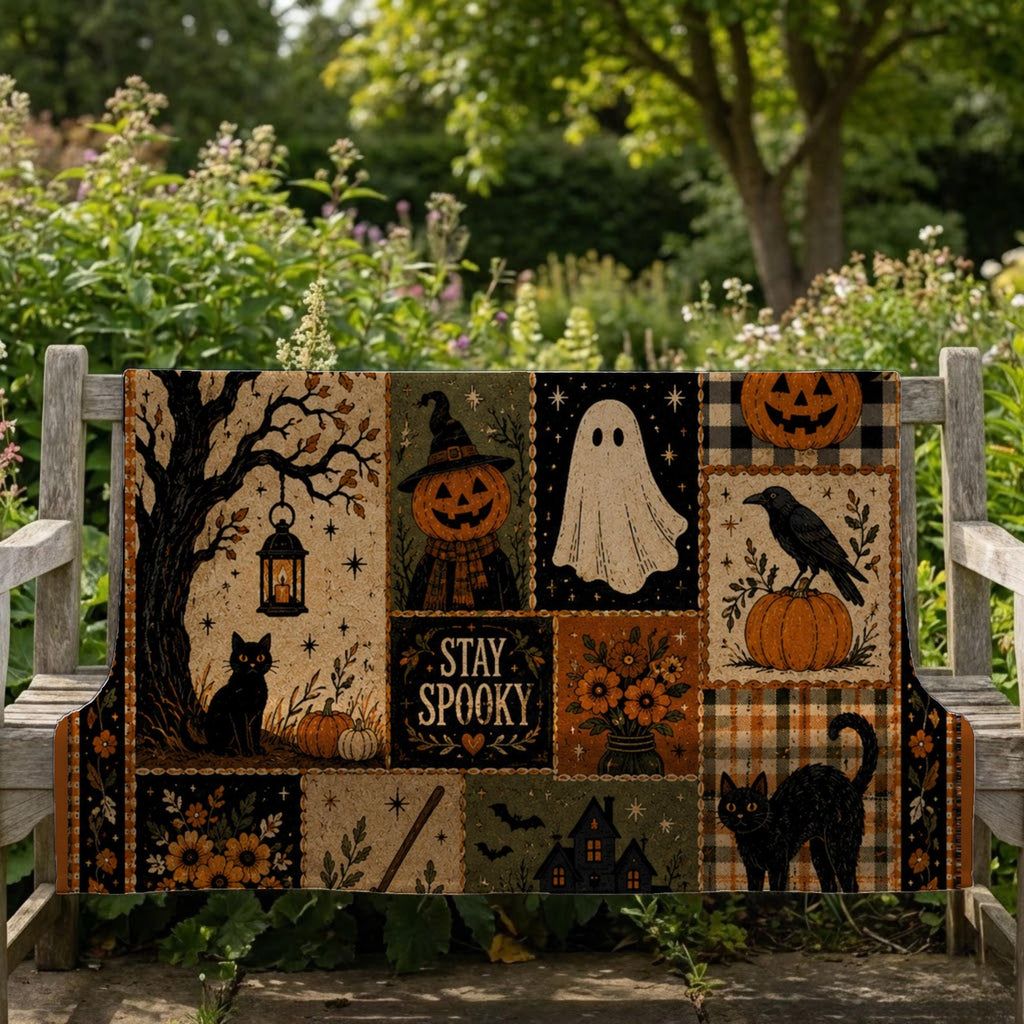 Stay Spooky Patchwork Blanket, Vintage Halloween Throw, Cottagecore Fall Room Decor, Witchy Ghost Black Cat Gift Idea