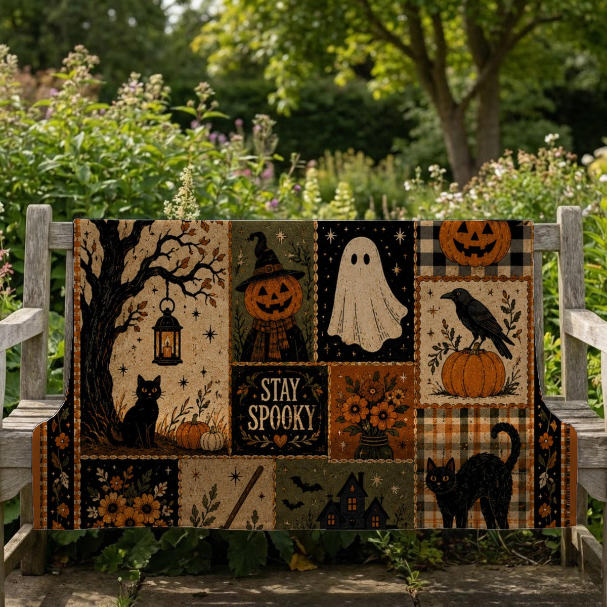 Stay Spooky Patchwork Blanket, Vintage Halloween Throw, Cottagecore Fall Room Decor, Witchy Ghost Black Cat Gift Idea