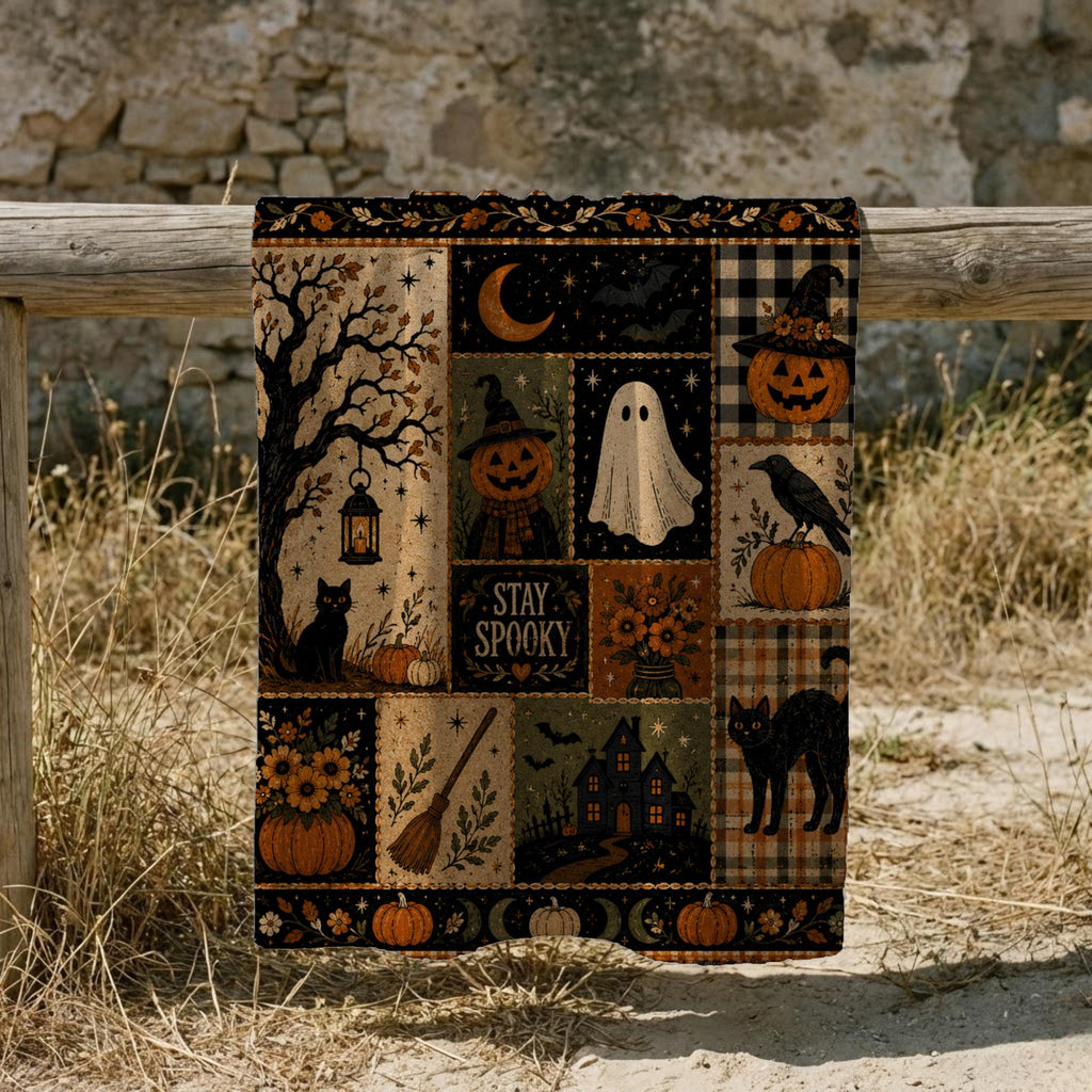 Stay Spooky Patchwork Blanket, Vintage Halloween Throw, Cottagecore Fall Room Decor, Witchy Ghost Black Cat Gift Idea
