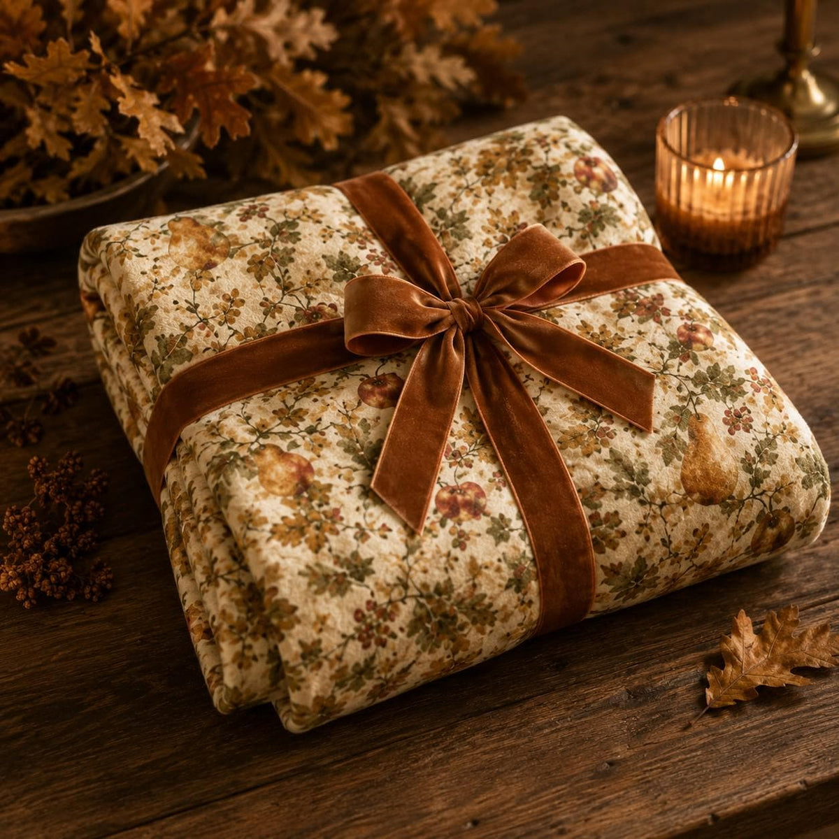 Autumn Orchard Velveteen Blanket, Heirloom Fall Throw, Botanical Cozy Decor