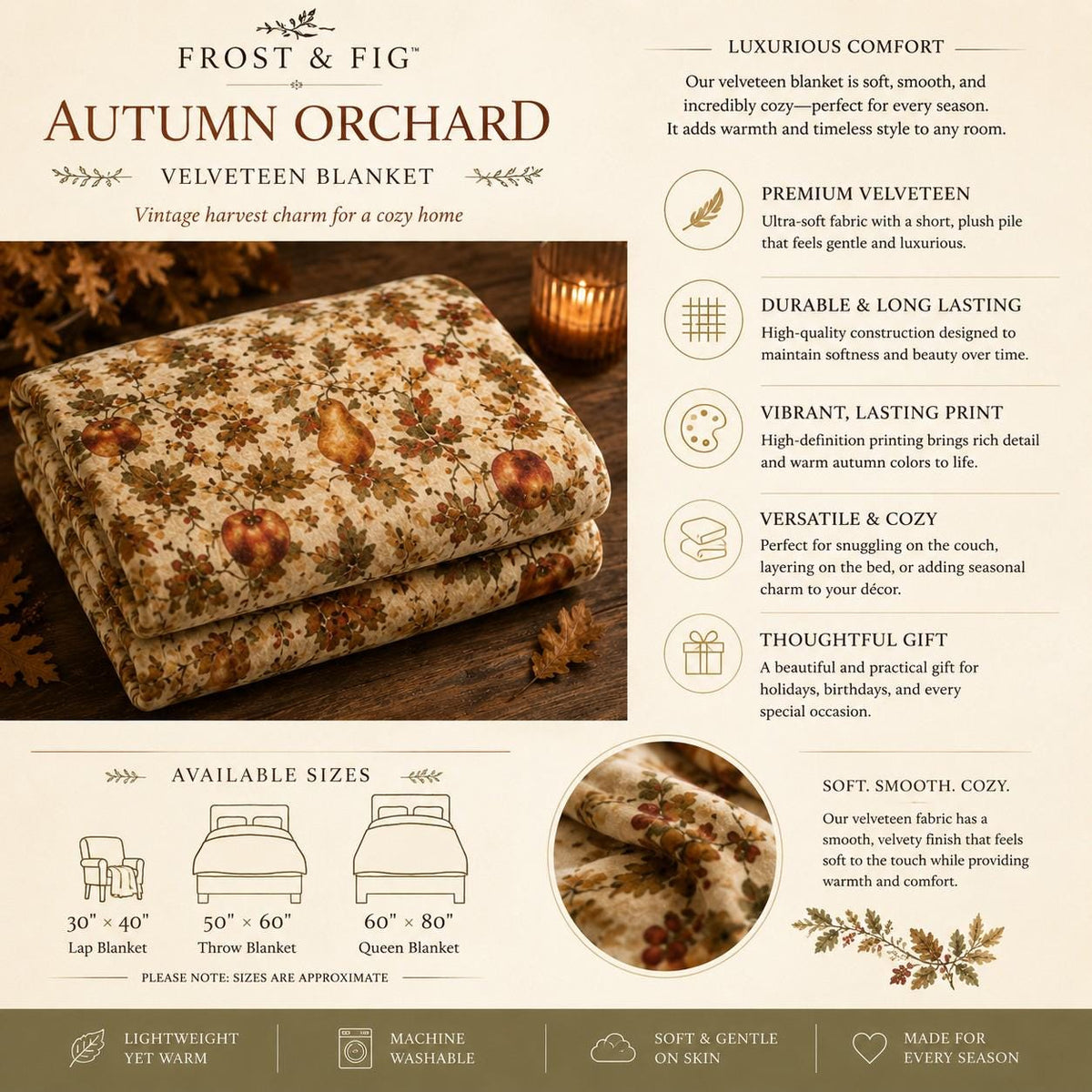 Autumn Orchard Velveteen Blanket, Heirloom Fall Throw, Botanical Cozy Decor