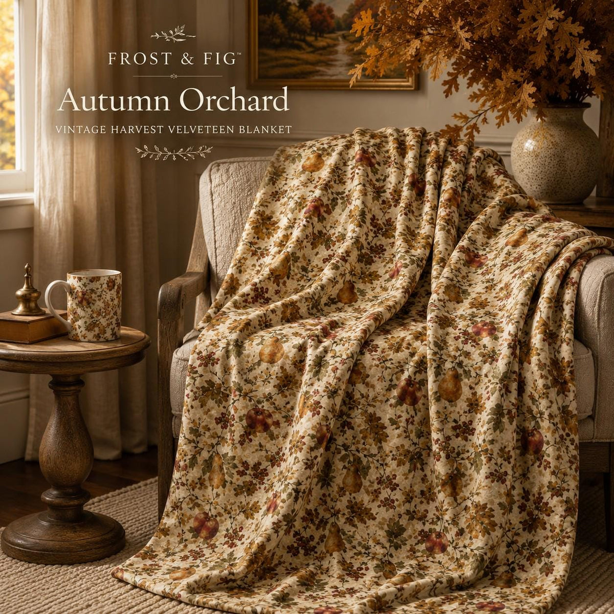 Autumn Orchard Velveteen Blanket, Heirloom Fall Throw, Botanical Cozy Decor