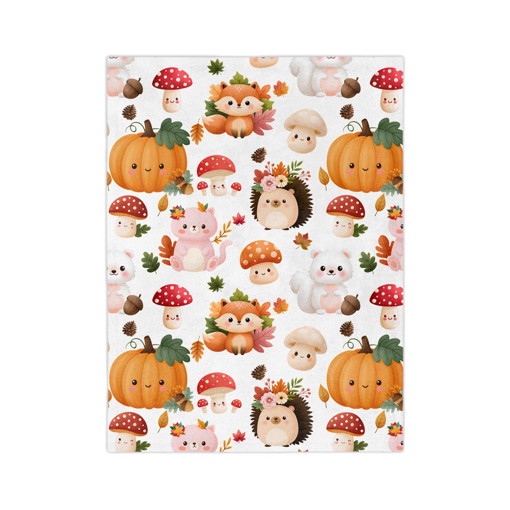 Autumn Woodland Animals Velveteen Microfiber Blanket | Pumpkins, Foxes, Hedgehogs