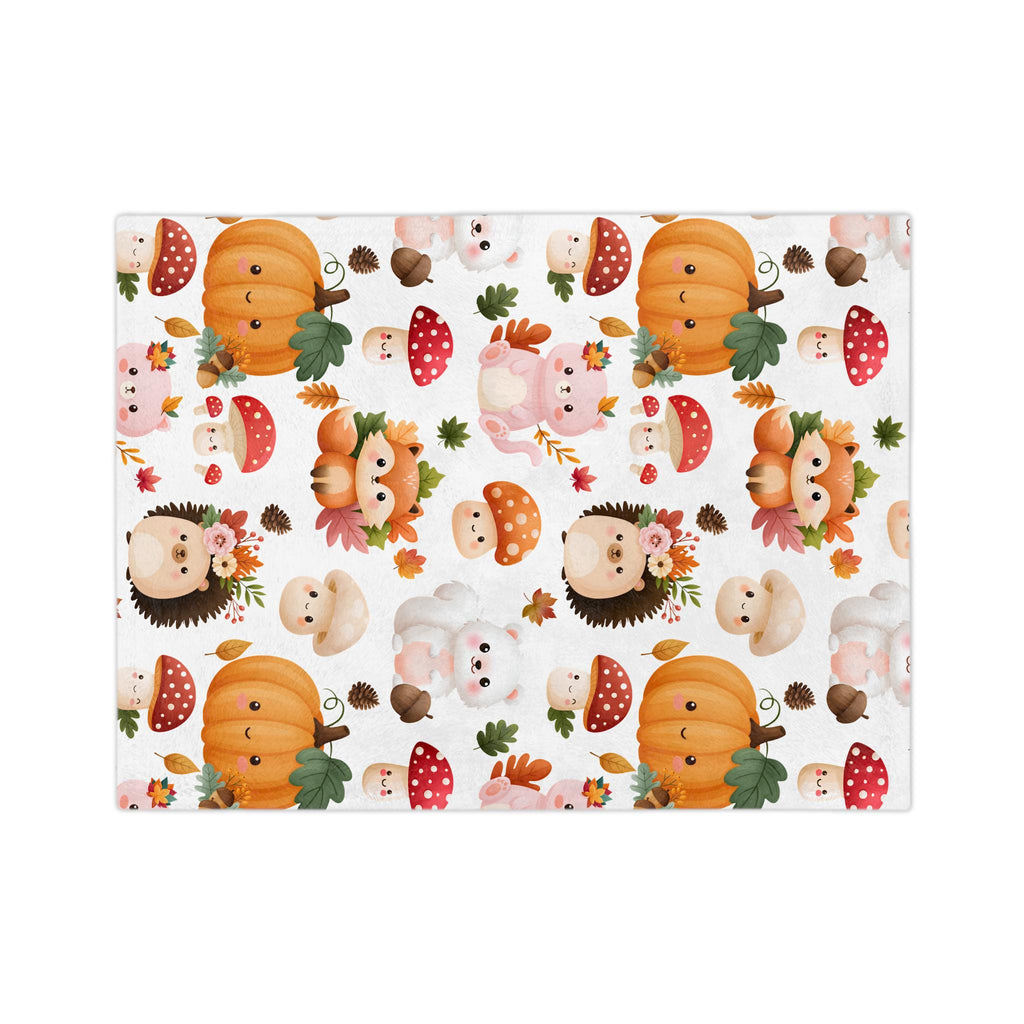 Autumn Woodland Animals Velveteen Microfiber Blanket | Pumpkins, Foxes, Hedgehogs
