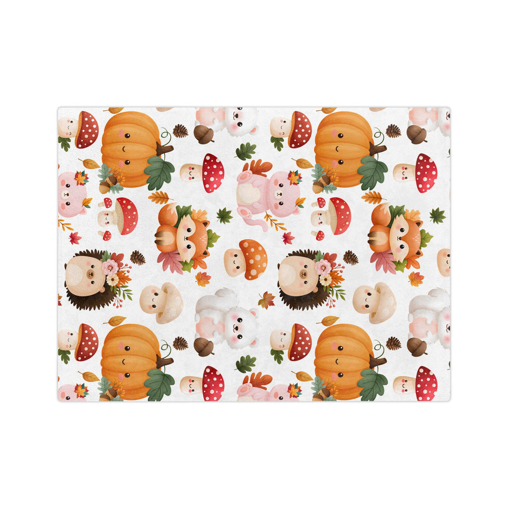 Autumn Woodland Animals Velveteen Microfiber Blanket | Pumpkins, Foxes, Hedgehogs