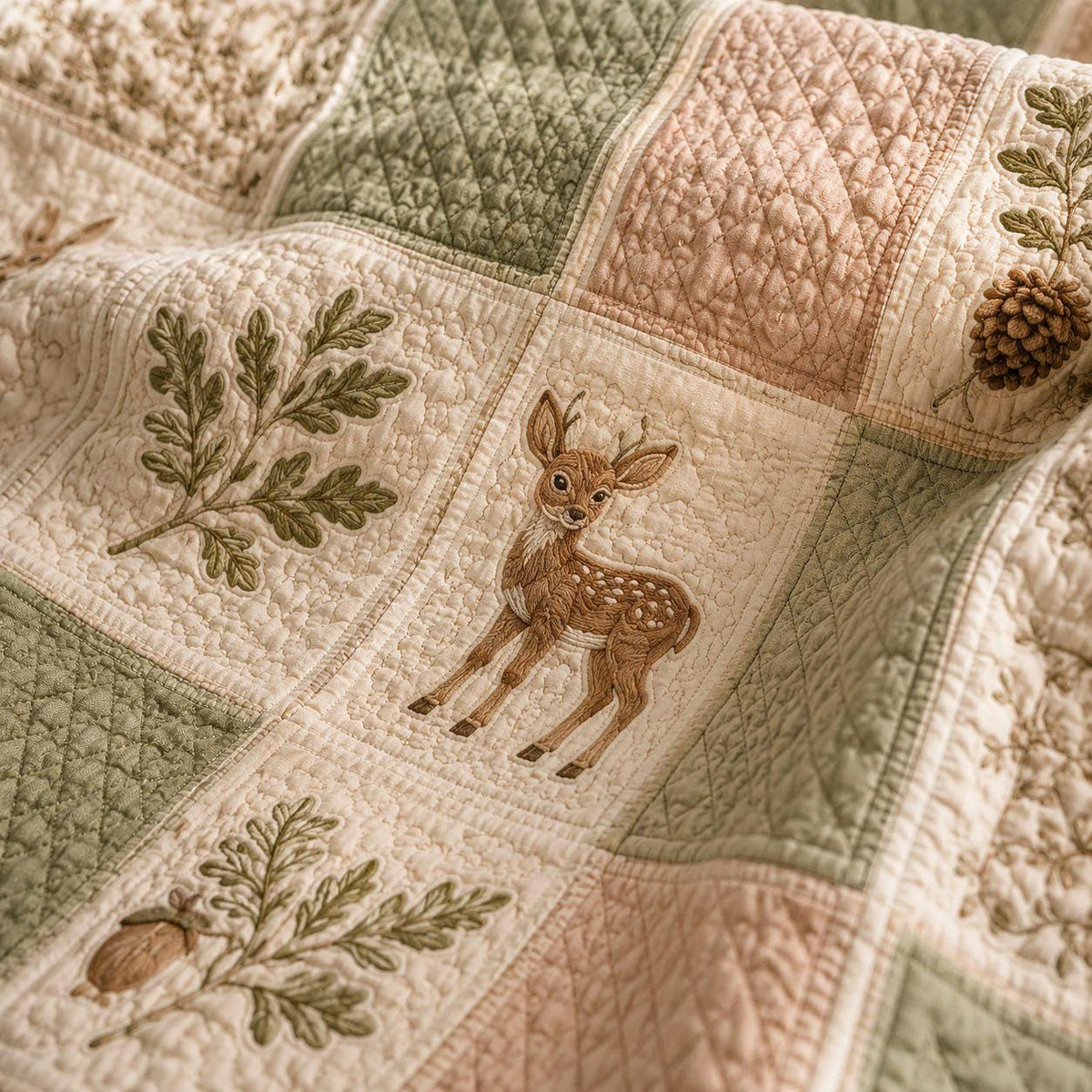 Woodland Animals Patchwork Quilt Blanket, Vintage Forest Nursery Bedding, Bunny Deer Squirrel Cottagecore Throw, Farmhouse Gift