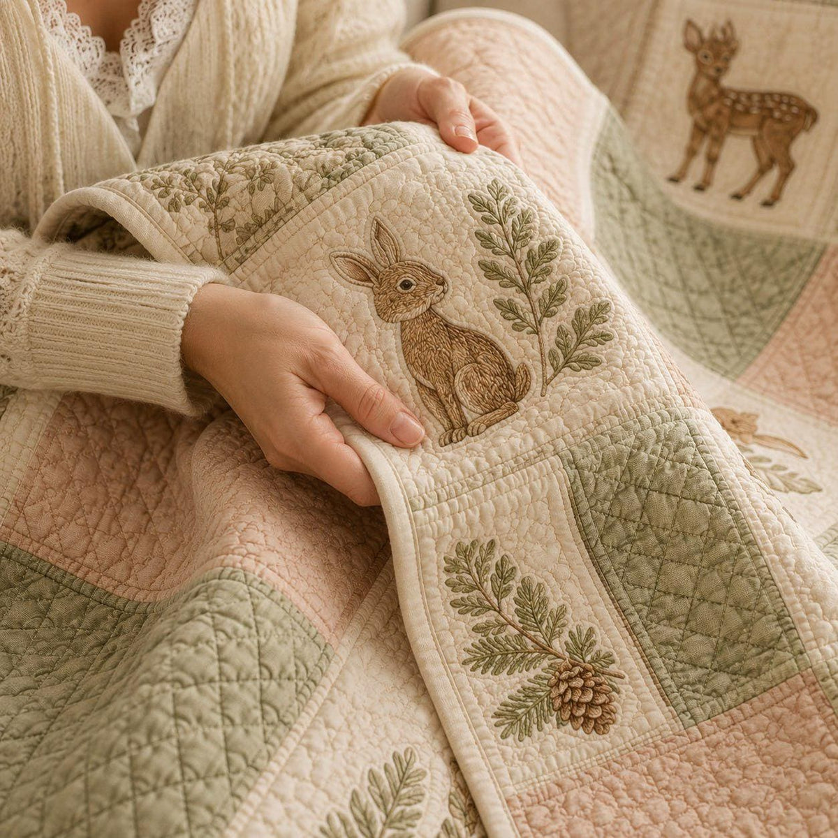 Woodland Animals Patchwork Quilt Blanket, Vintage Forest Nursery Bedding, Bunny Deer Squirrel Cottagecore Throw, Farmhouse Gift