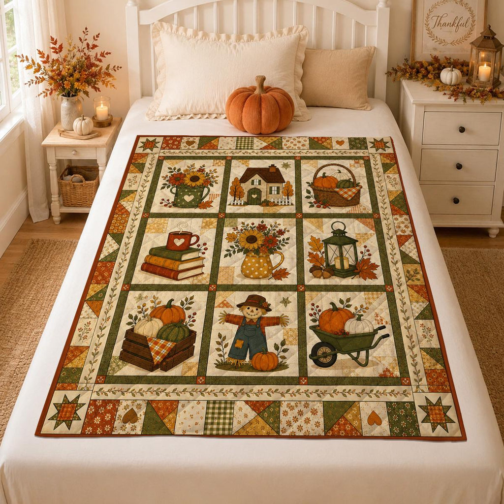 Rustic Patchwork Style Autumn Quilt Blanket: Cozy Farmhouse Fall Scarecrow Throw