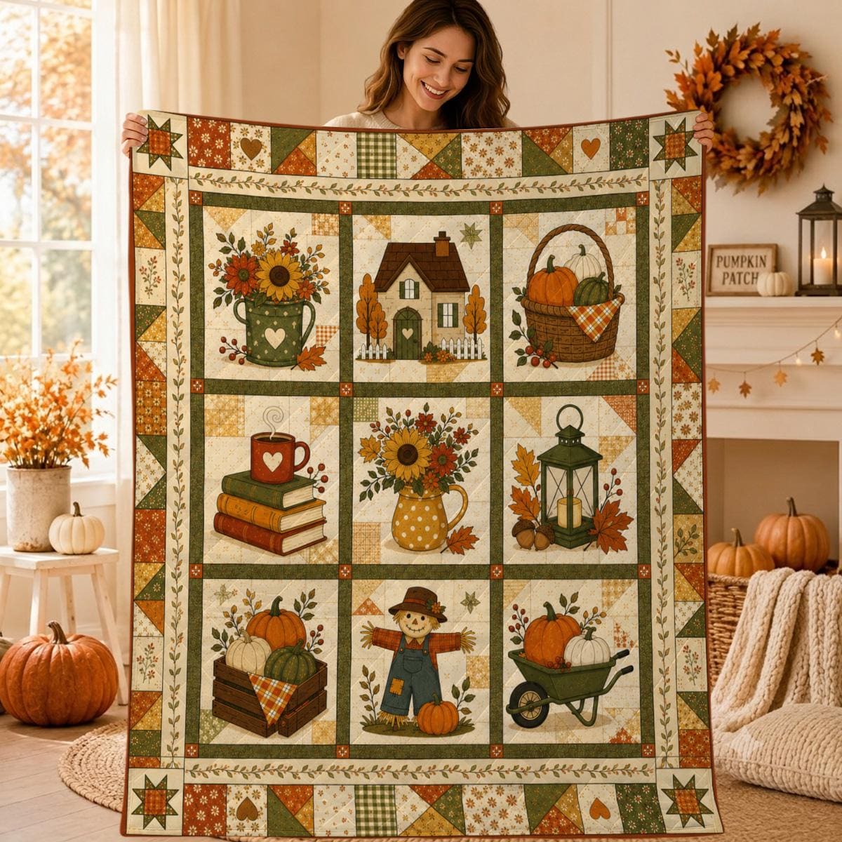 Rustic Patchwork Style Autumn Quilt Blanket: Cozy Farmhouse Fall Scarecrow Throw