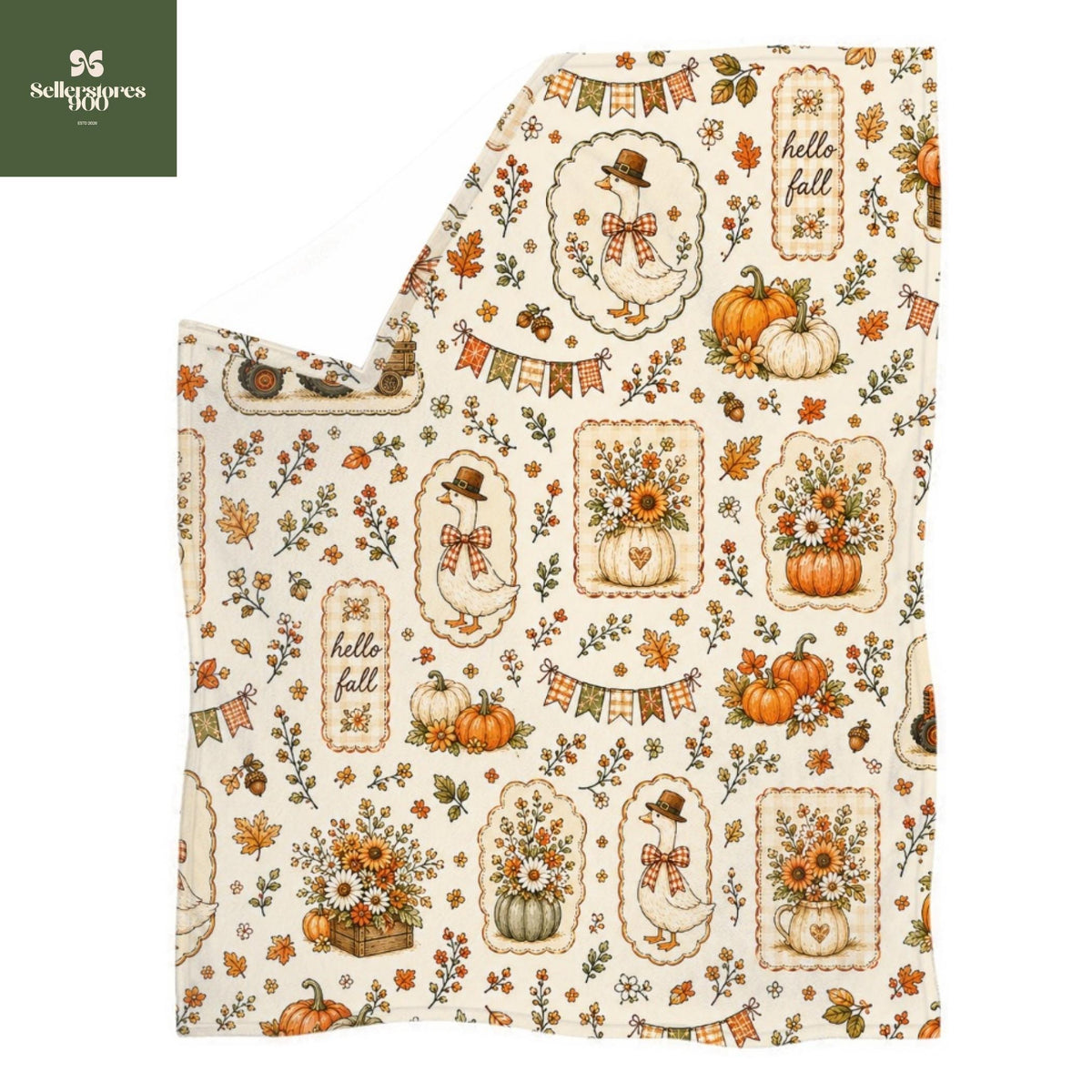 Goose Fall Blanket, Hello Fall Cottagecore Throw Blanket, Vintage Autumn Goose Floral Pumpkin Blanket, Cozy Farmhouse Home Decor Gift