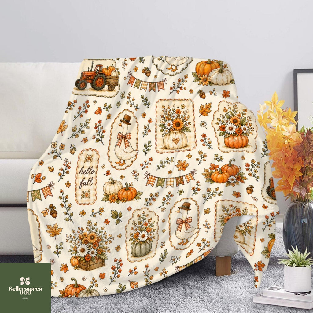 Goose Fall Blanket, Hello Fall Cottagecore Throw Blanket, Vintage Autumn Goose Floral Pumpkin Blanket, Cozy Farmhouse Home Decor Gift