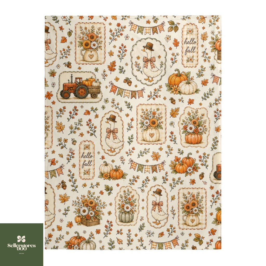 Goose Fall Blanket, Hello Fall Cottagecore Throw Blanket, Vintage Autumn Goose Floral Pumpkin Blanket, Cozy Farmhouse Home Decor Gift