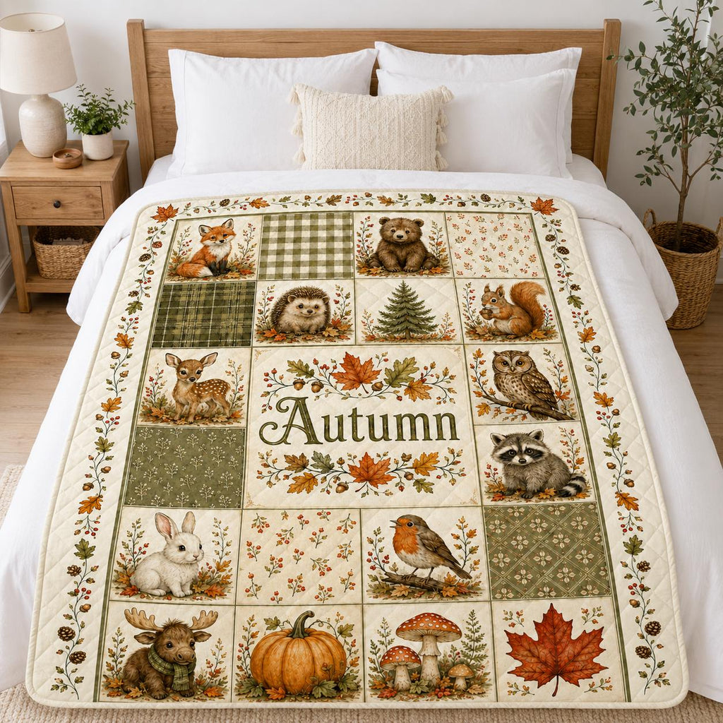Autumn Woodland Animal Quilt Blanket, Fox Bear Deer Owl Patchwork, Rustic Fall Nursery Name Keepsake