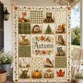 Autumn Woodland Animal Quilt Blanket, Fox Bear Deer Owl Patchwork, Rustic Fall Nursery Name Keepsake