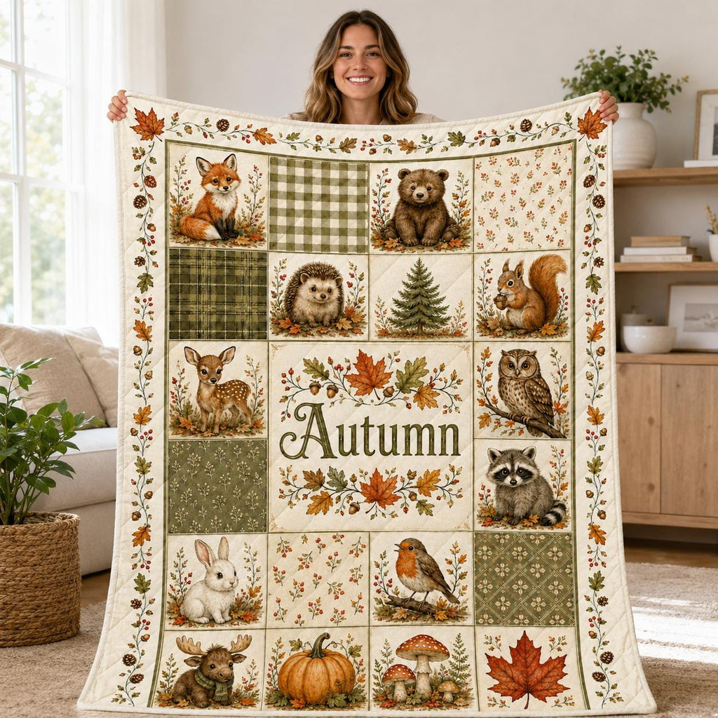 Autumn Woodland Animal Quilt Blanket, Fox Bear Deer Owl Patchwork, Rustic Fall Nursery Name Keepsake
