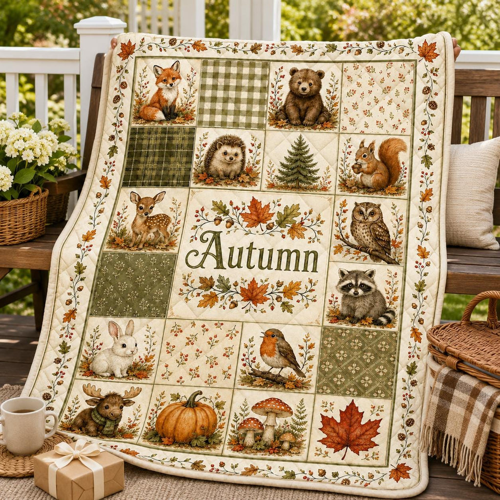 Autumn Woodland Animal Quilt Blanket, Fox Bear Deer Owl Patchwork, Rustic Fall Nursery Name Keepsake