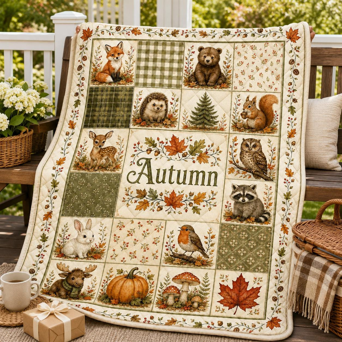 Autumn Woodland Animal Quilt Blanket, Fox Bear Deer Owl Patchwork, Rustic Fall Nursery Name Keepsake