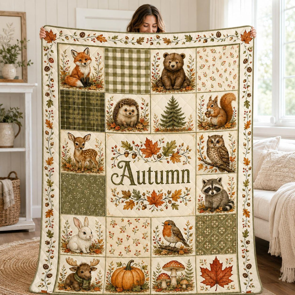 Autumn Woodland Animal Quilt Blanket, Fox Bear Deer Owl Patchwork, Rustic Fall Nursery Name Keepsake