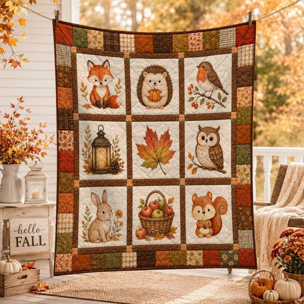 Fall Patchwork Quilt Blanket, Autumn Woodland Animal Throw, Cozy Thanksgiving Blanket, Fox Owl Pumpkin Decoration