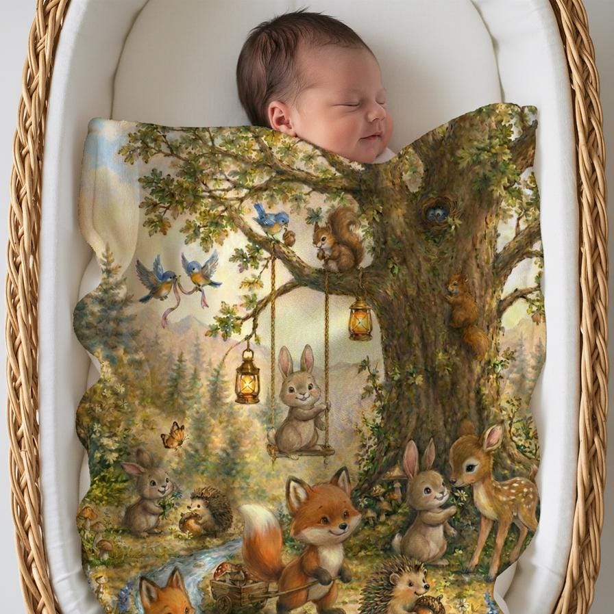 Woodland Baby Blanket, Storybook Nursery Blanket, Minky Blanket, Forest Animal Blanket, Fox Bunny Deer, Baby Shower Gift