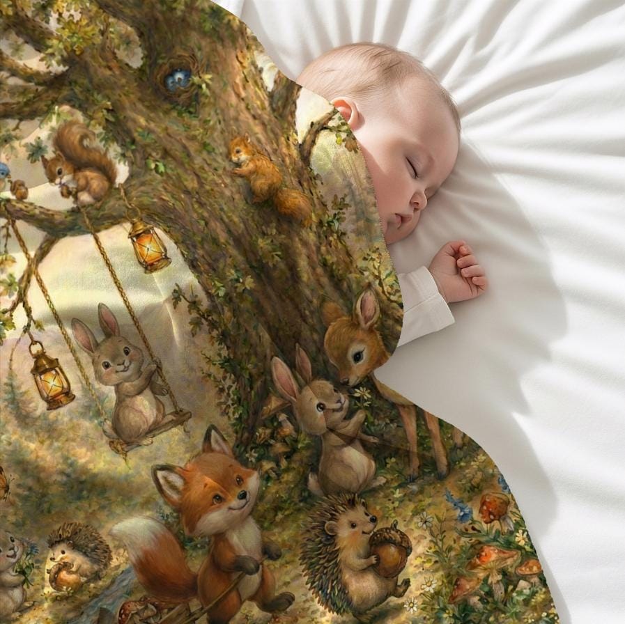 Woodland Baby Blanket, Storybook Nursery Blanket, Minky Blanket, Forest Animal Blanket, Fox Bunny Deer, Baby Shower Gift