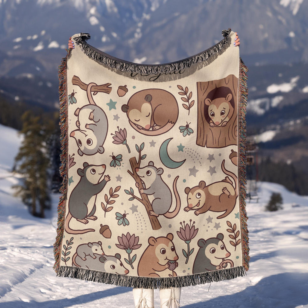 Personalized Possum Blanket, Custom Name Moonlight Possum Woven Throw, Spooky Cute Woodland Nursery Decor, Gift for Kids Nature Lovers