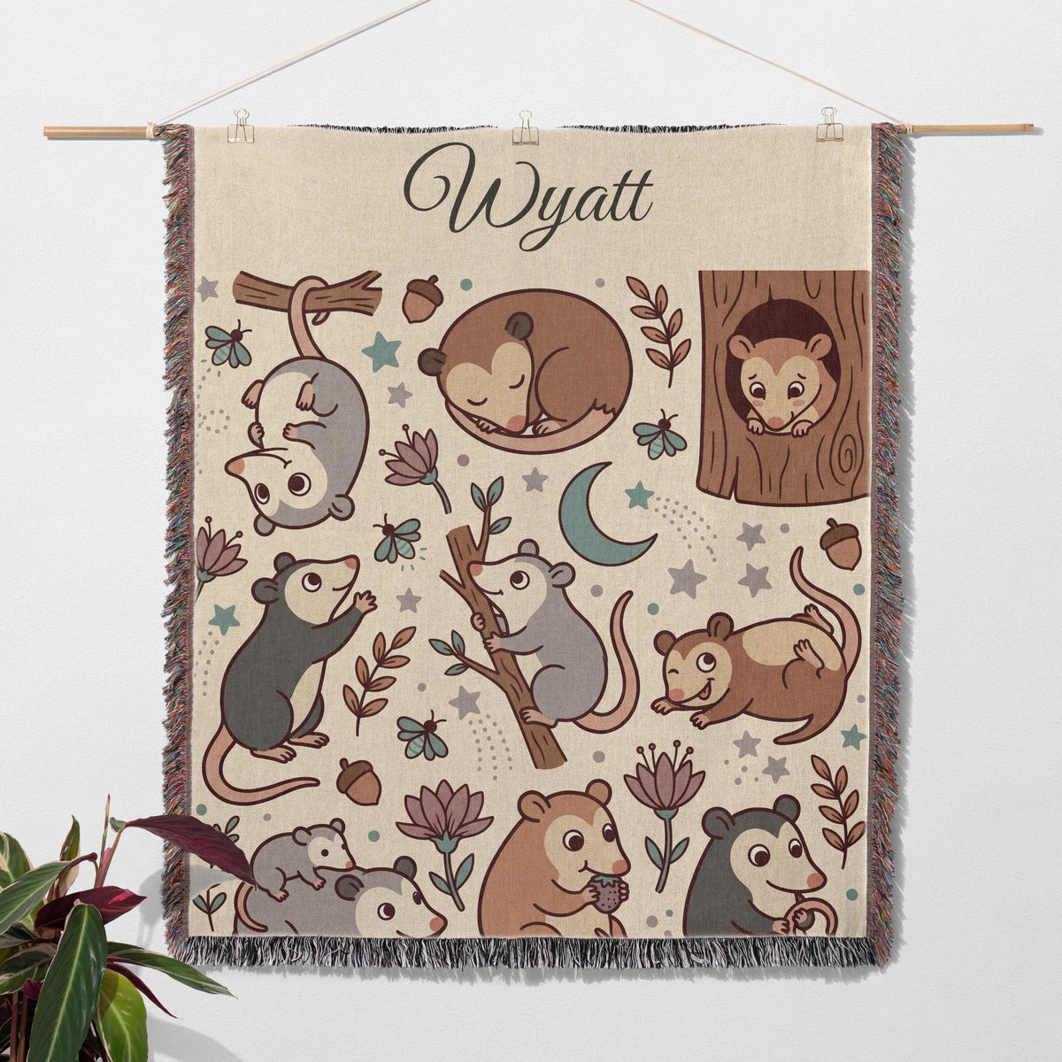 Personalized Possum Blanket, Custom Name Moonlight Possum Woven Throw, Spooky Cute Woodland Nursery Decor, Gift for Kids Nature Lovers