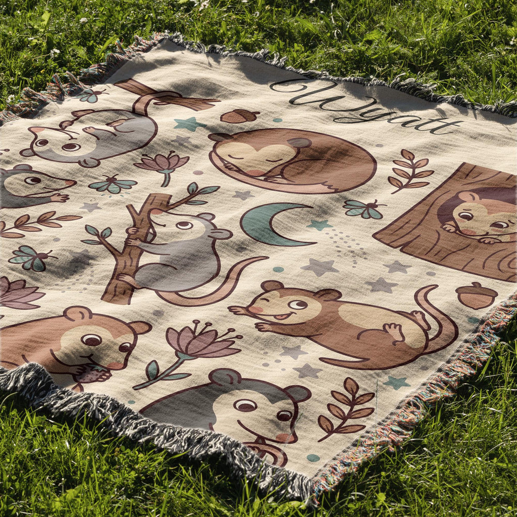 Personalized Possum Blanket, Custom Name Moonlight Possum Woven Throw, Spooky Cute Woodland Nursery Decor, Gift for Kids Nature Lovers