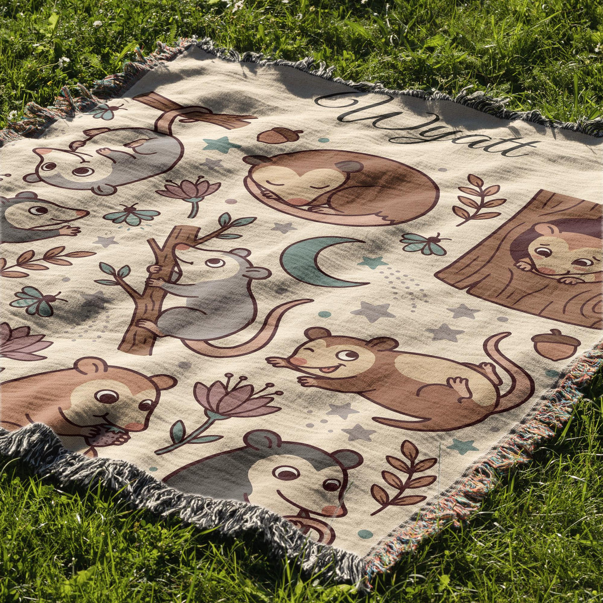 Personalized Possum Blanket, Custom Name Moonlight Possum Woven Throw, Spooky Cute Woodland Nursery Decor, Gift for Kids Nature Lovers