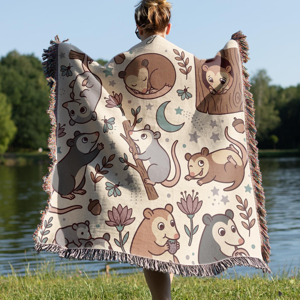 Personalized Possum Blanket, Custom Name Moonlight Possum Woven Throw, Spooky Cute Woodland Nursery Decor, Gift for Kids Nature Lovers